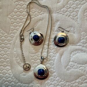 Silver-Tone Blue Stone Pendant Necklace & Earring Set